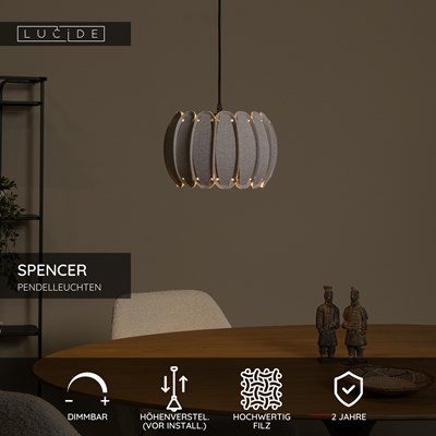 Lucide SPENCER - Pendelleuchten - Ø 30 cm - 1xE27 - Grau